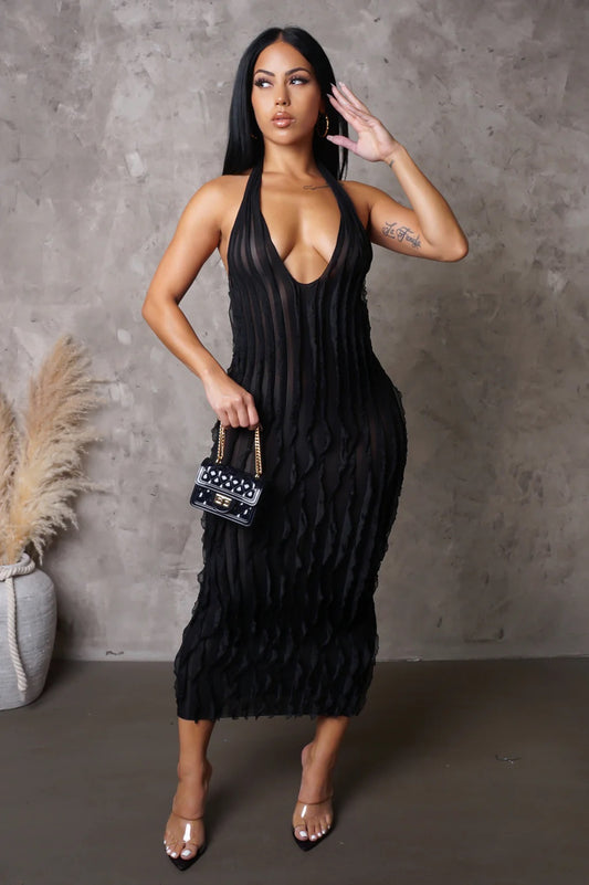 Truffle Ruffle Midi Dress Black - Ali’s Couture