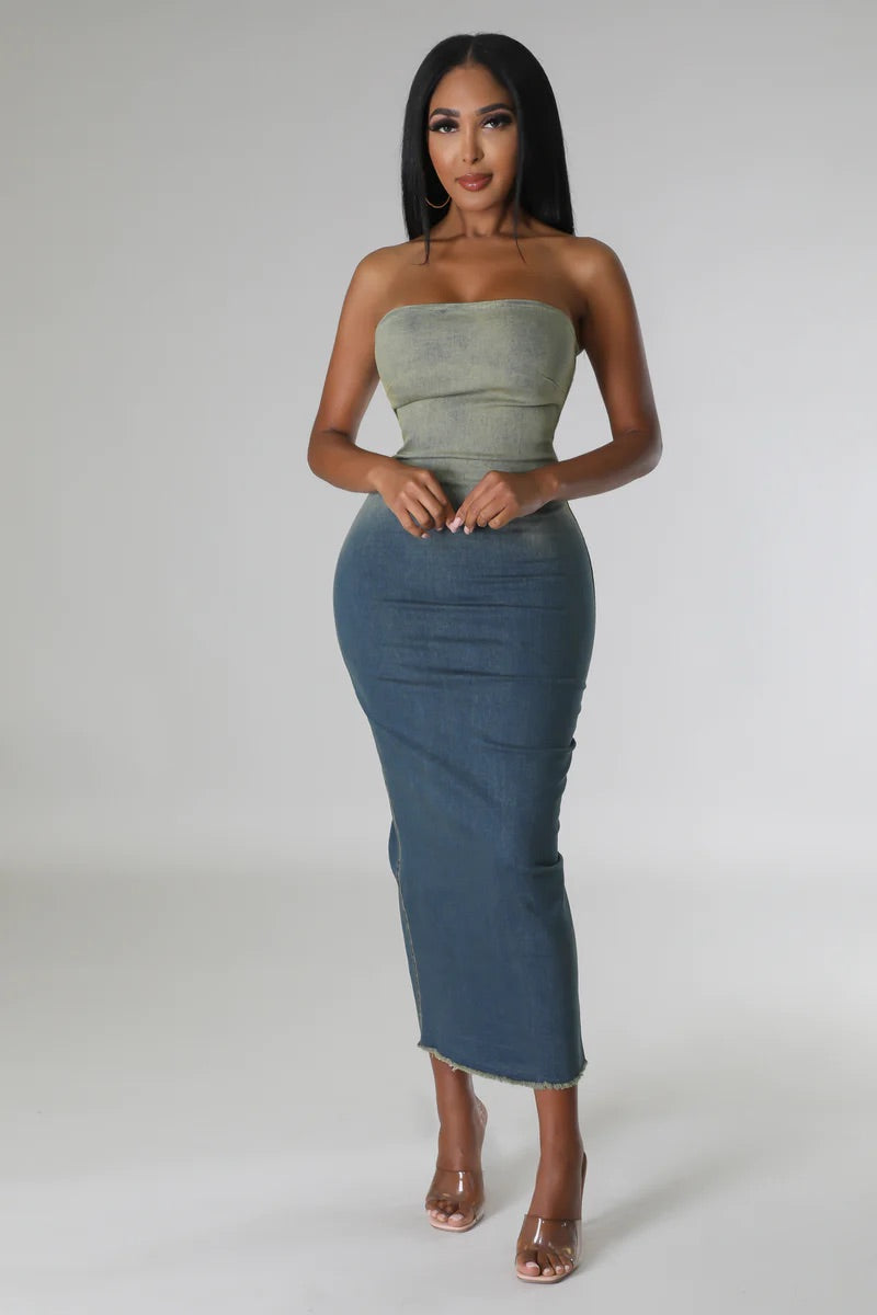 Burke Strapless Ombre Denim Midi Dress Medium Wash - Ali’s Couture