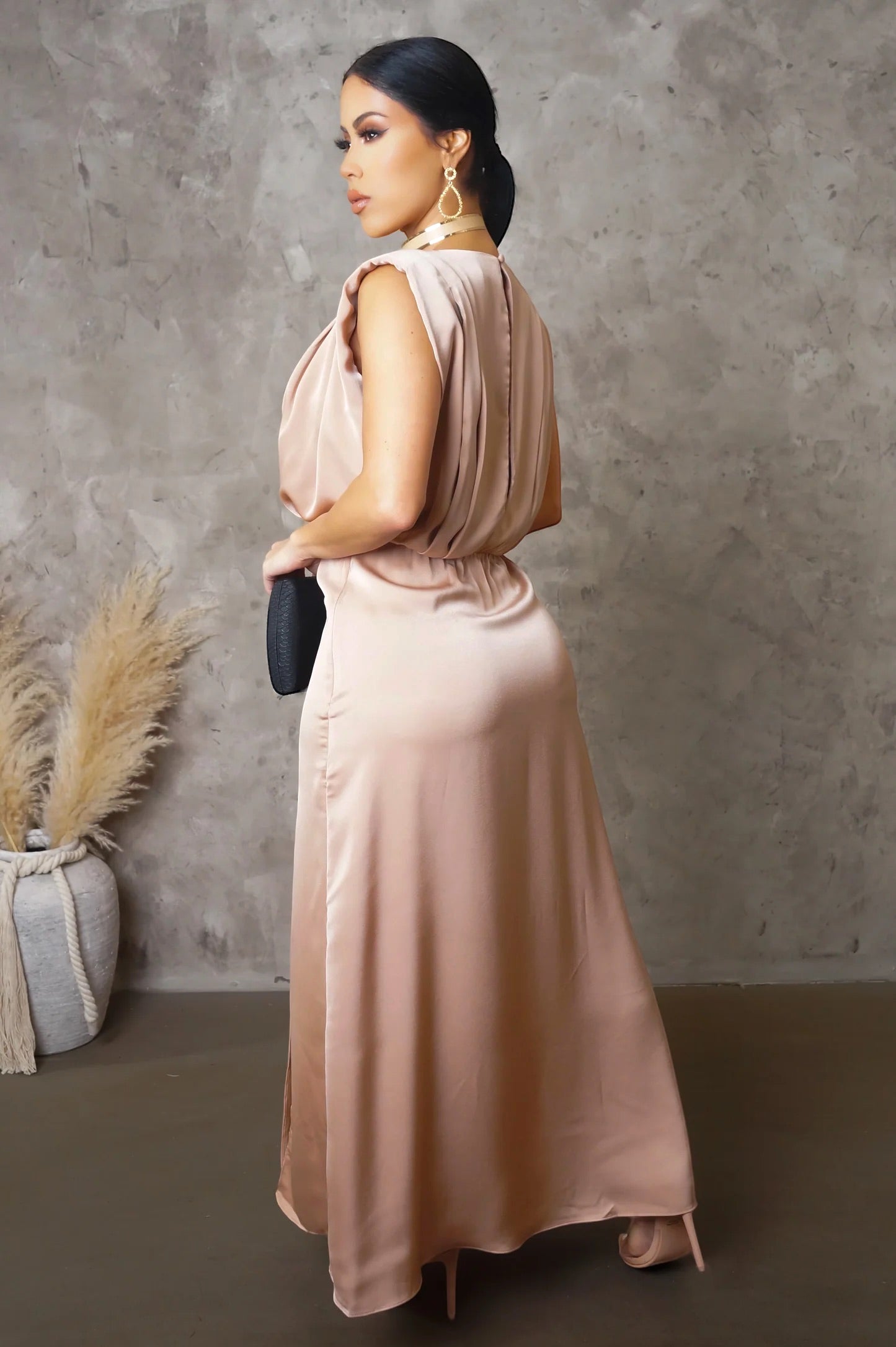 Sophia Satin Midi Dress Champagne - Ali’s Couture
