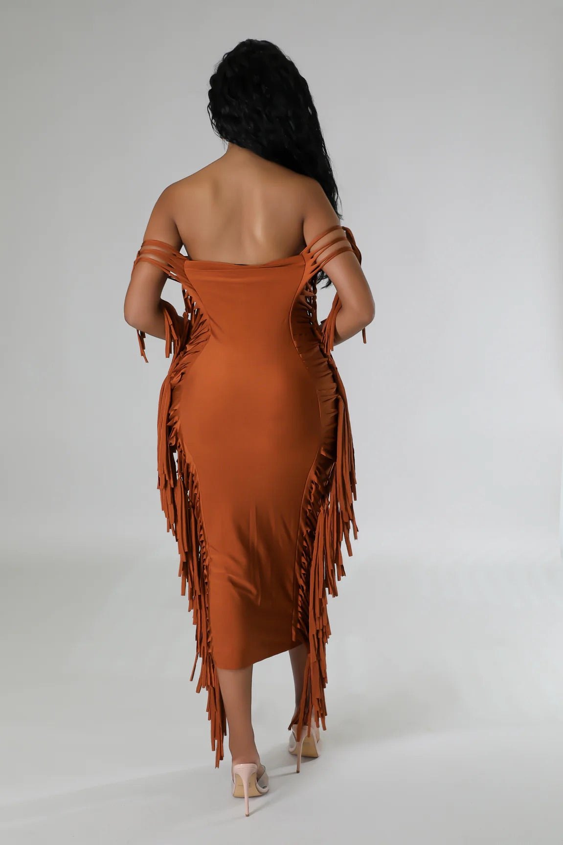 Zena Fringe Tube Midi Dress Copper - Ali’s Couture