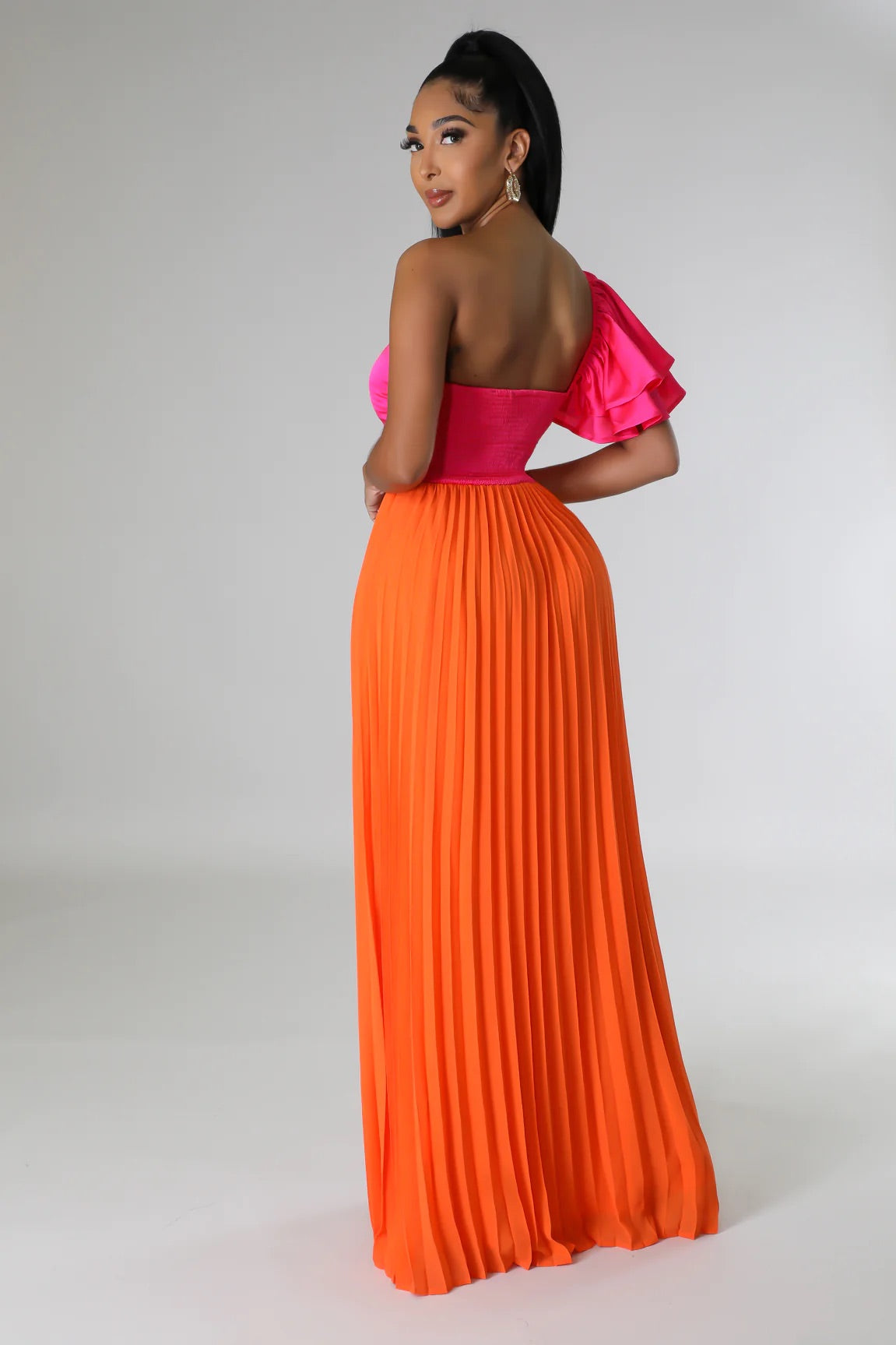 Sorbet Satin One Shoulder Maxi Dress Multi Orange - Ali’s Couture