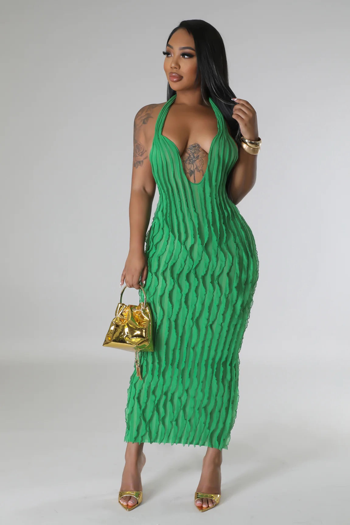 Truffle Ruffle Midi Dress Green - Ali’s Couture
