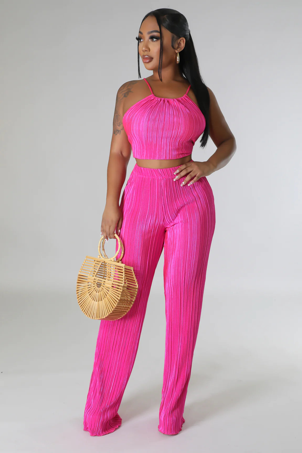 Salma Plisse Pant Set Fuchsia - Ali’s Couture