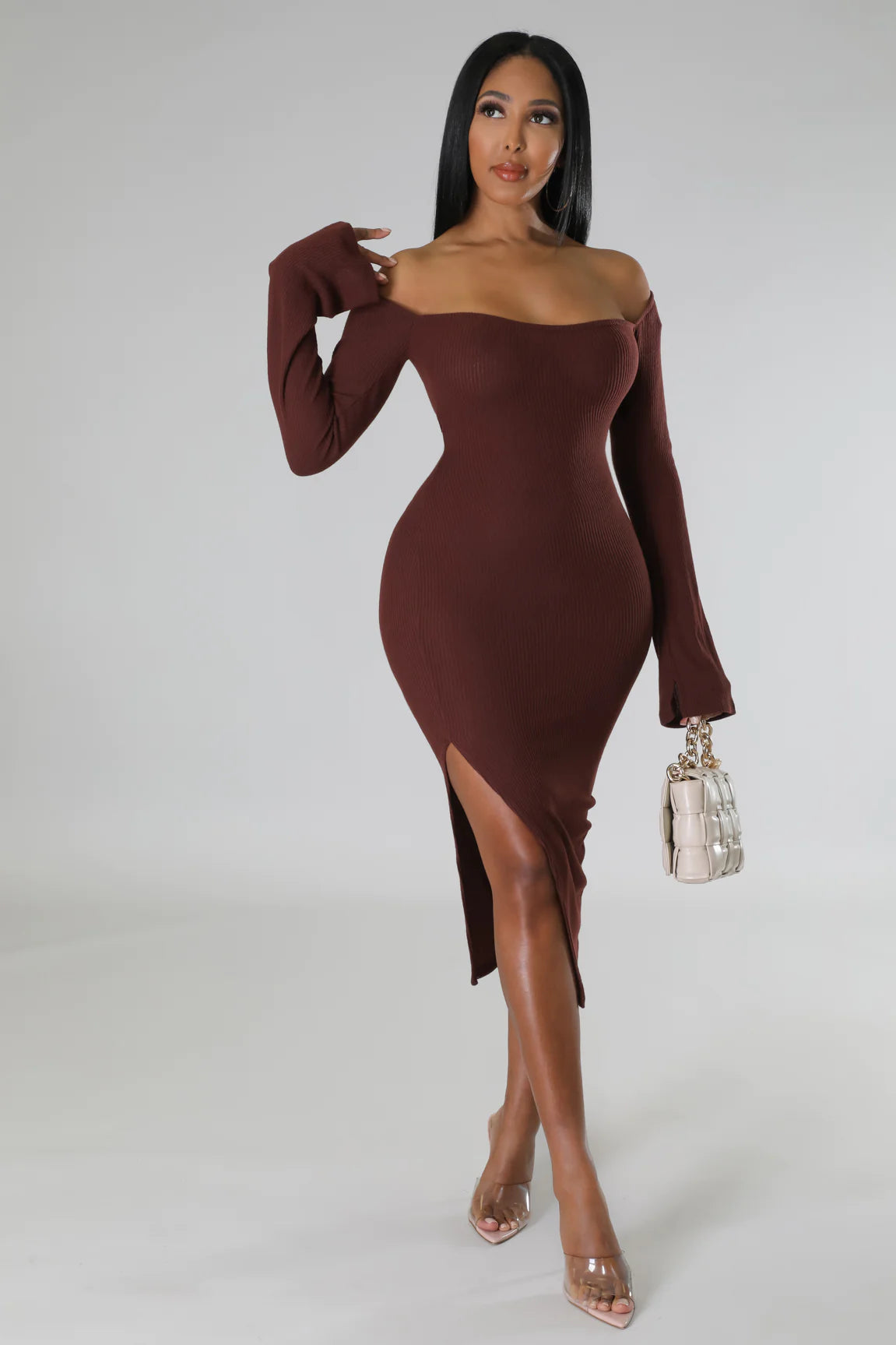 Pasqual Ribbed Midi Dress Multi Cherry Brown - Ali’s Couture