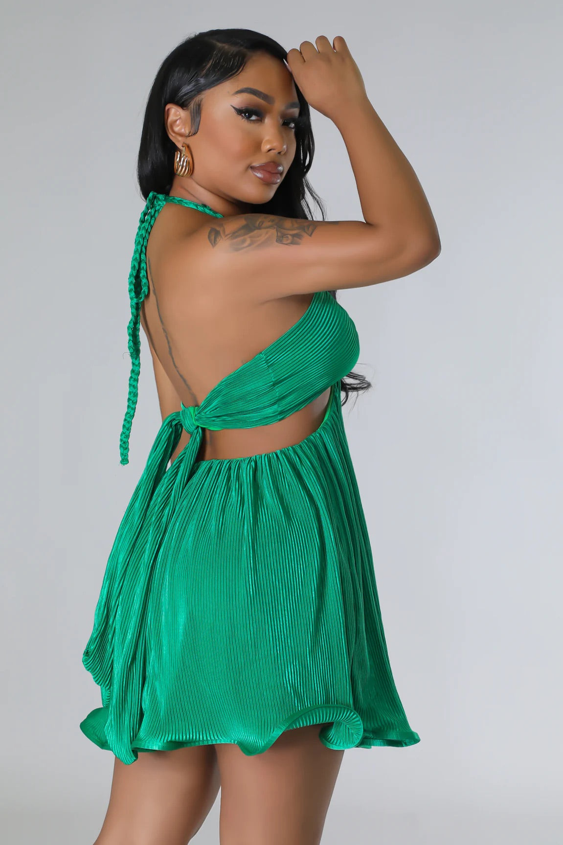Jewel Plisse Cutout Babydoll Mini Dress Green - Ali’s Couture