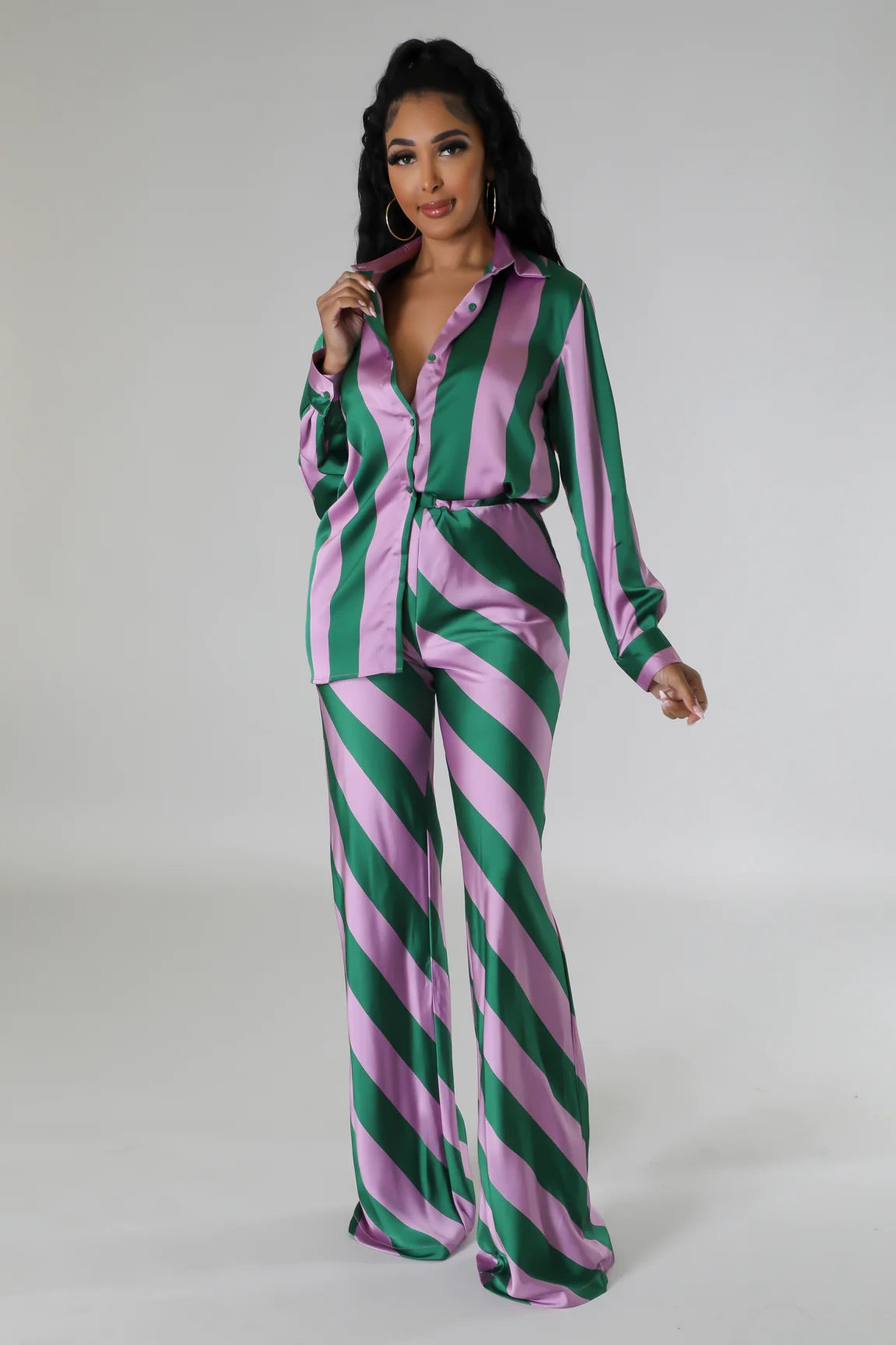 Sugar & Spice Striped Silky Pant Set Multi Green - Ali’s Couture