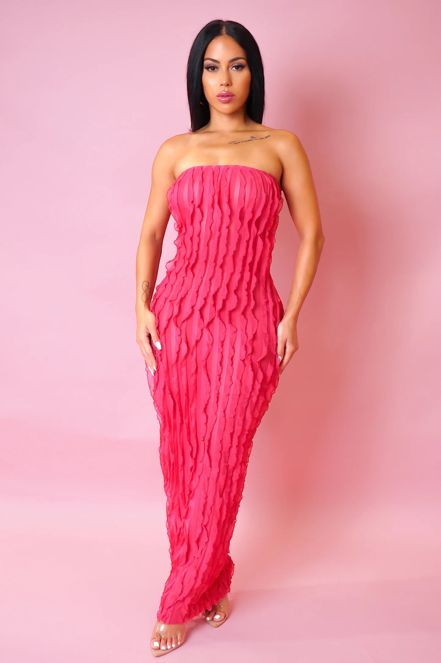 ariella maxi dress Ariella Pink Satin Strapless Maxi Dress - US 10