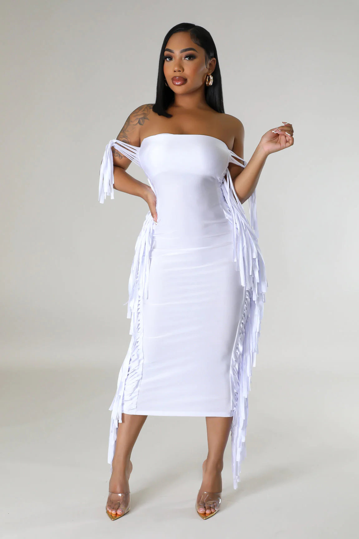 Zena Fringe Tube Midi Dress White - Ali’s Couture