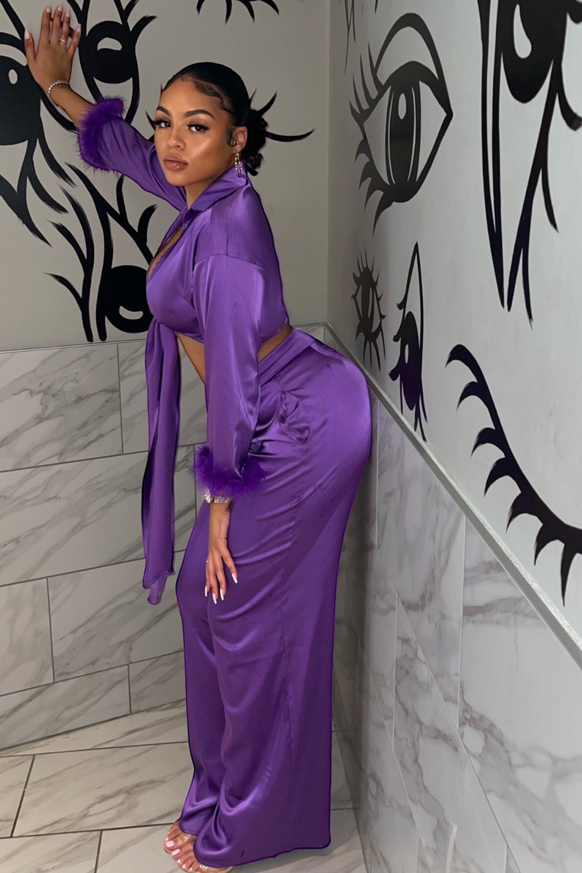 Stellar Satin Pant Set Purple - Ali’s Couture