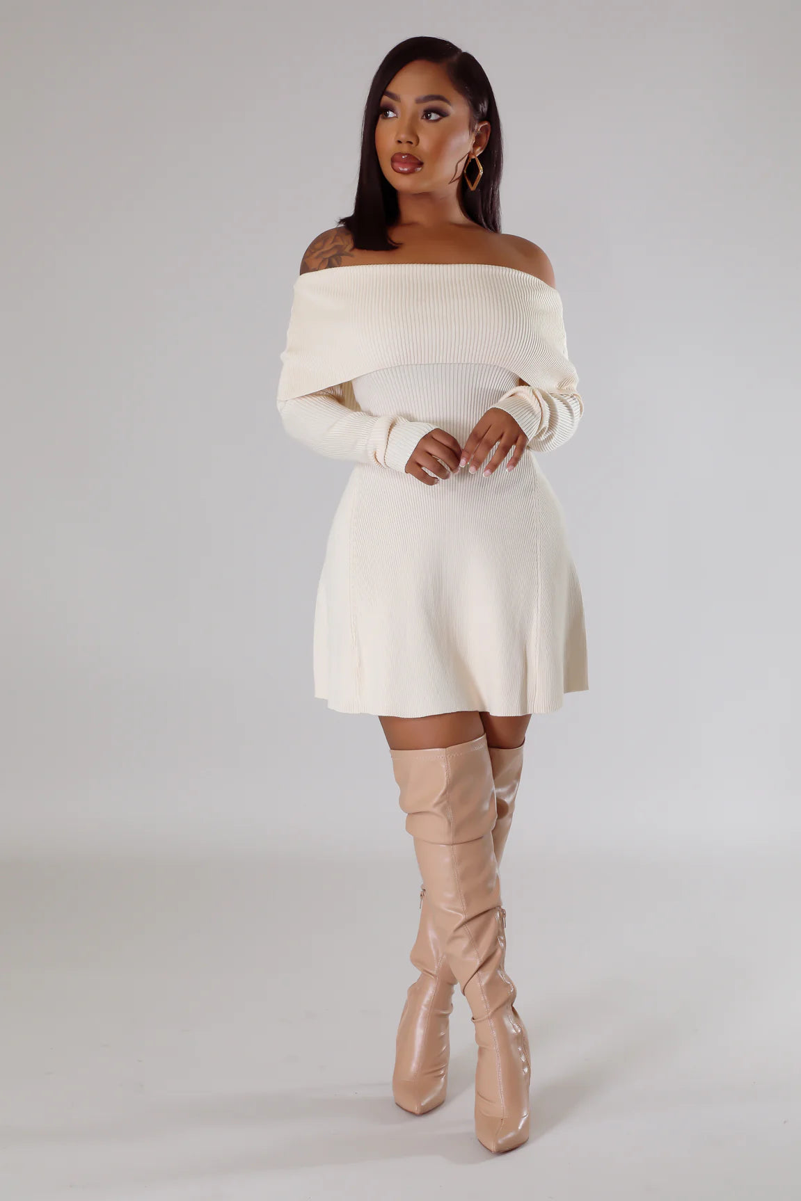 Shyanne Off The Shoulder Knit Mini Dress Cream - Ali’s Couture
