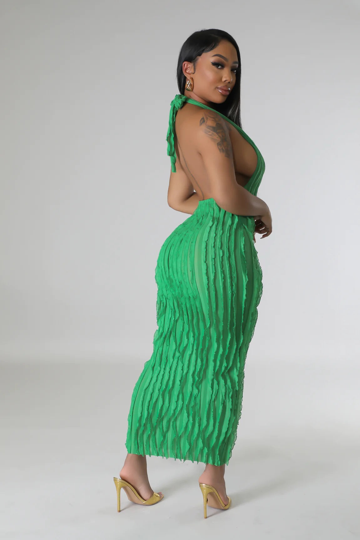 Truffle Ruffle Midi Dress Green - Ali’s Couture