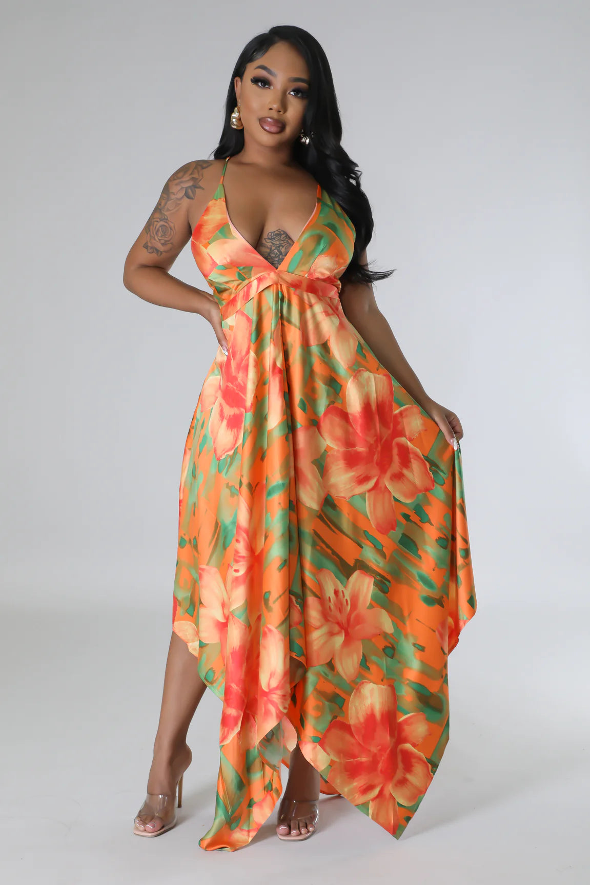 By The Sea Floral Satin Midi Dress Multi Orange - Ali’s Couture