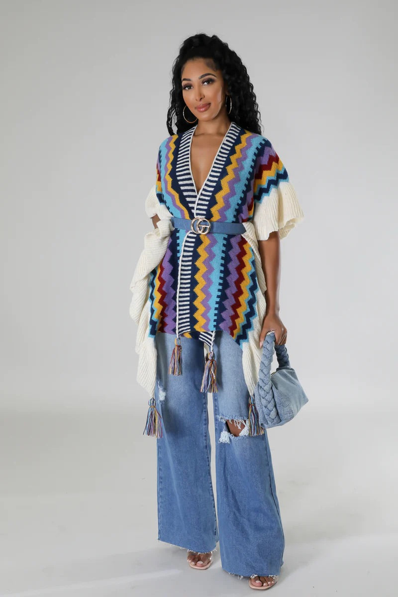 Varsha Knitted Poncho Multi Blue - Ali’s Couture