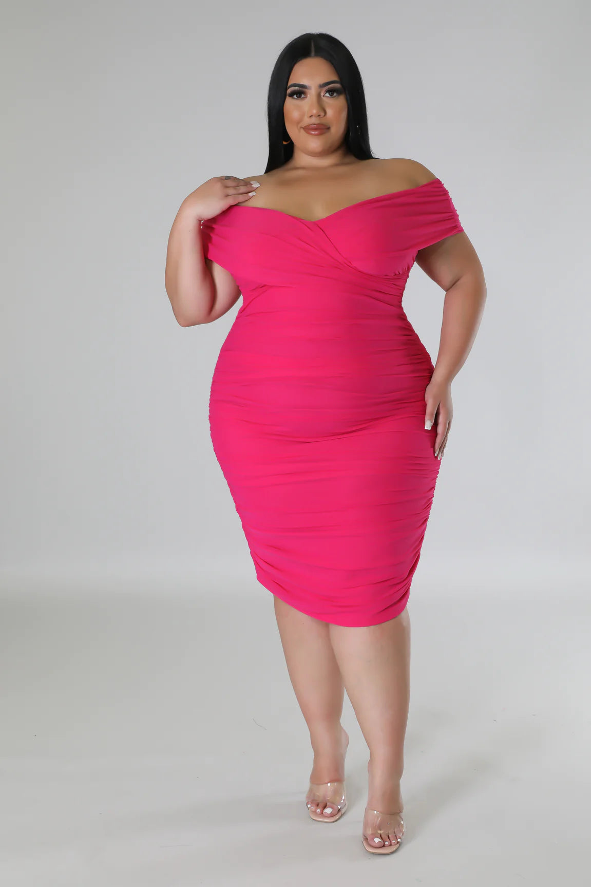 Anya Ruched Mesh Off The Shoulder Midi Dress Fuchsia (Curvy) | Alis, 3X Anya Ruched Mesh Off The Shoulder Midi Dress Fuchsia (Curvy) | Alis, 3X