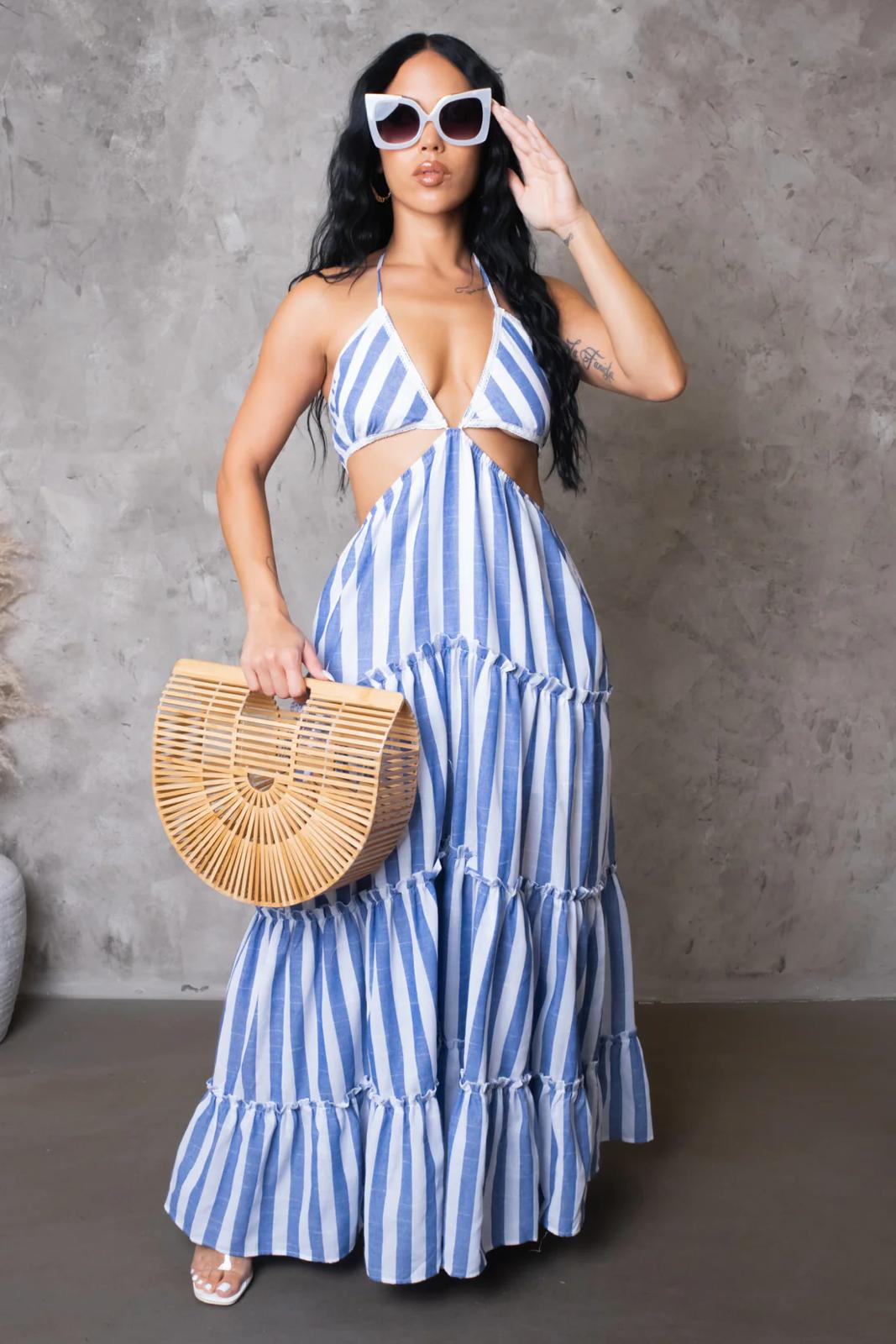 Nausica Cotton Striped Maxi Dress Blue - Ali’s Couture