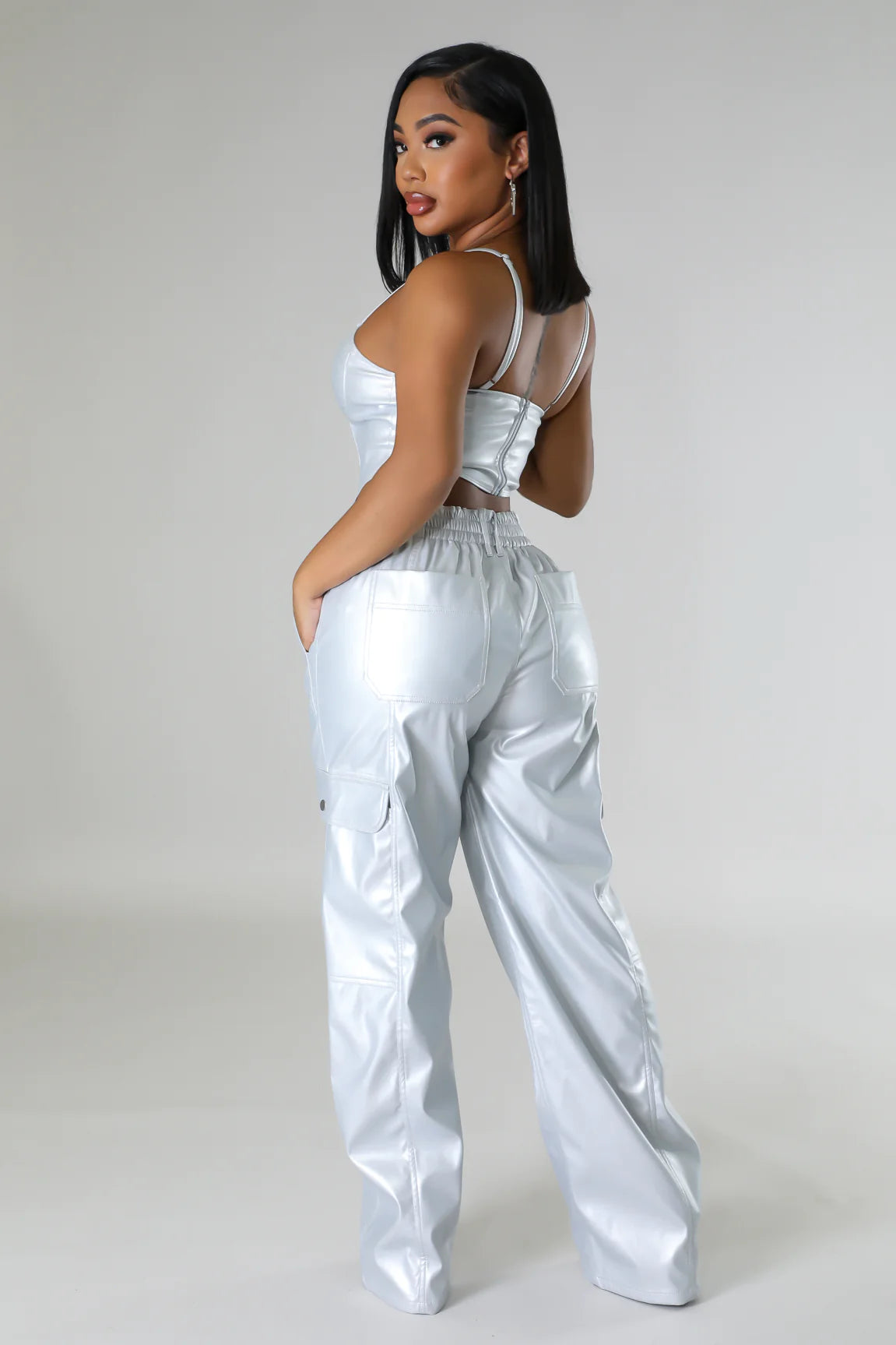 Diva Faux Leather Pant Set Silver - Ali’s Couture