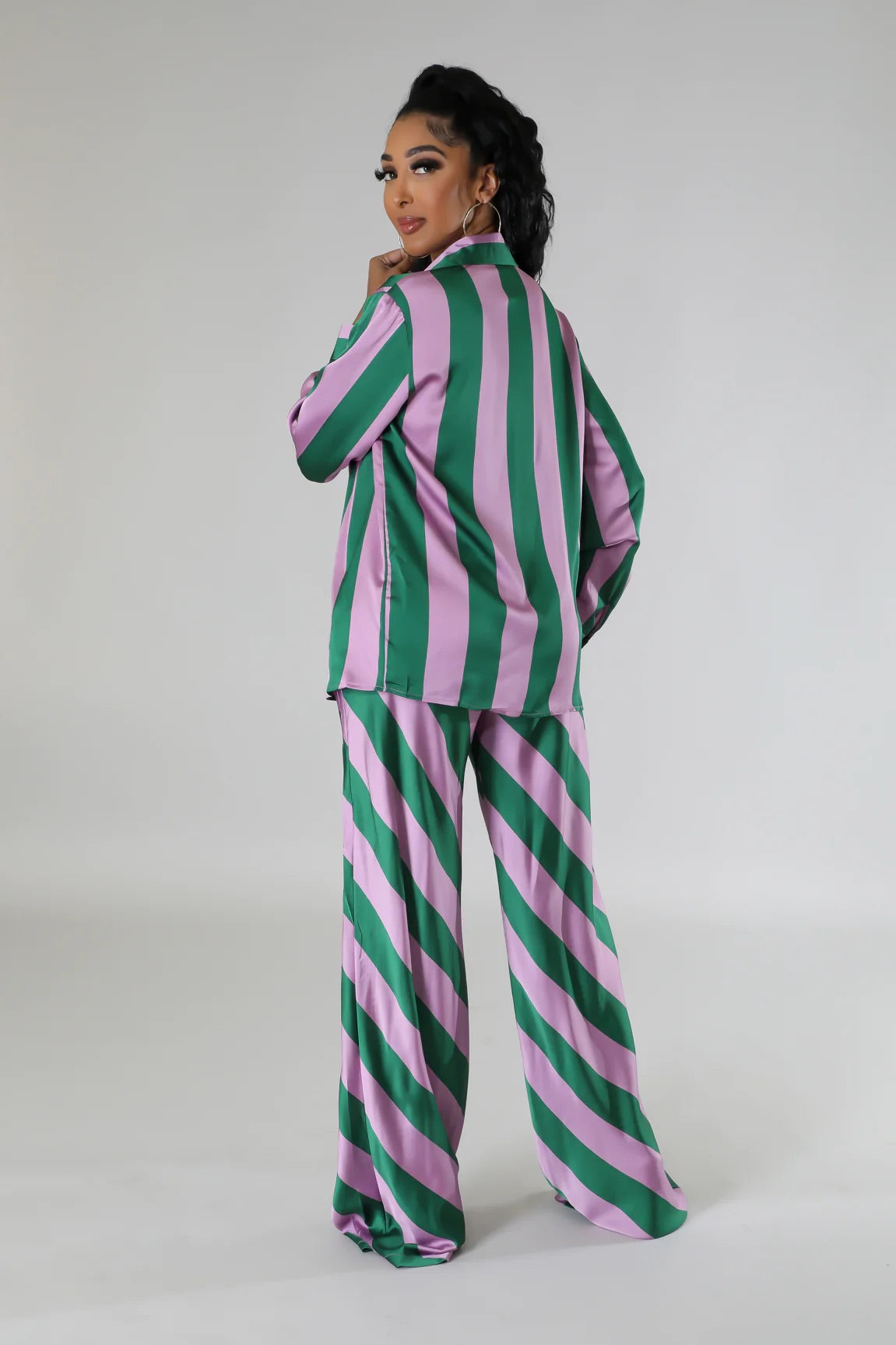 Sugar & Spice Striped Silky Pant Set Multi Green - Ali’s Couture