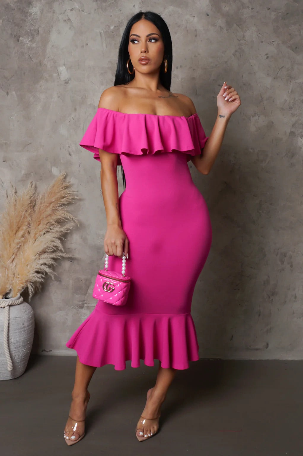 Classical Love Off The Shoulder Midi Dress Fuchsia - Ali’s Couture