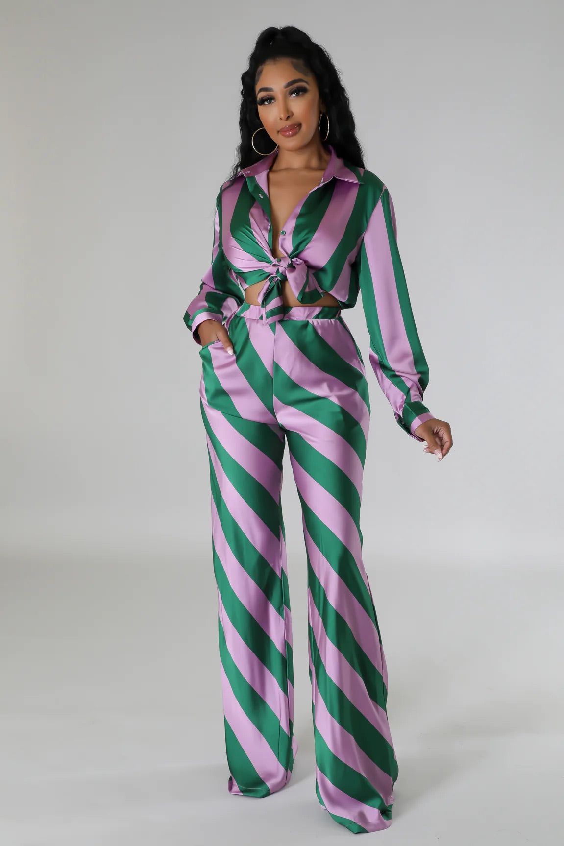 Sugar & Spice Striped Silky Pant Set Multi Green - Ali’s Couture