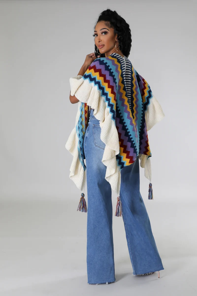 Varsha Knitted Poncho Multi Blue - Ali’s Couture