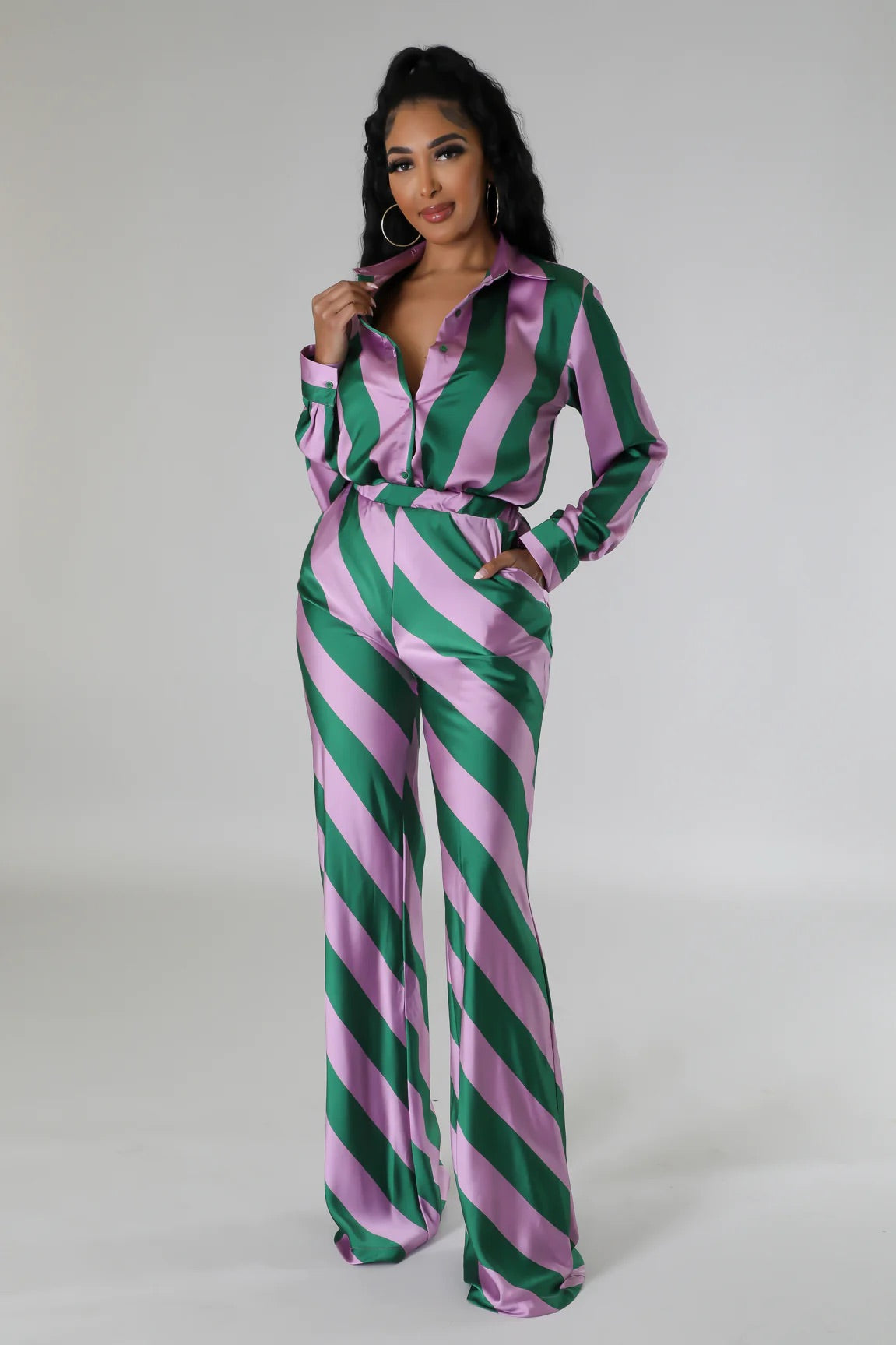 Sugar & Spice Striped Silky Pant Set Multi Green - Ali’s Couture
