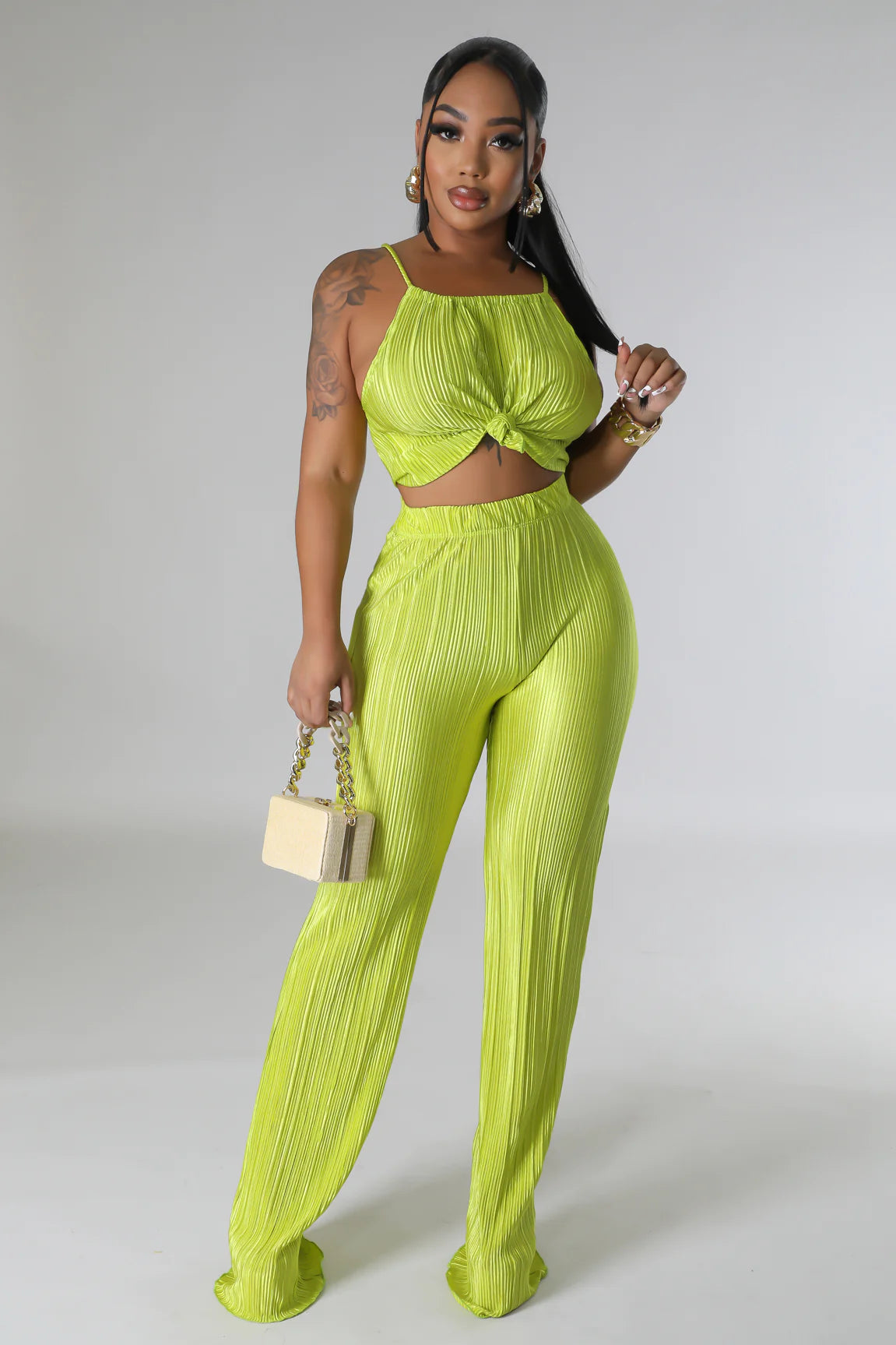 Salma Plisse Pant Set Chartreuse - Ali’s Couture