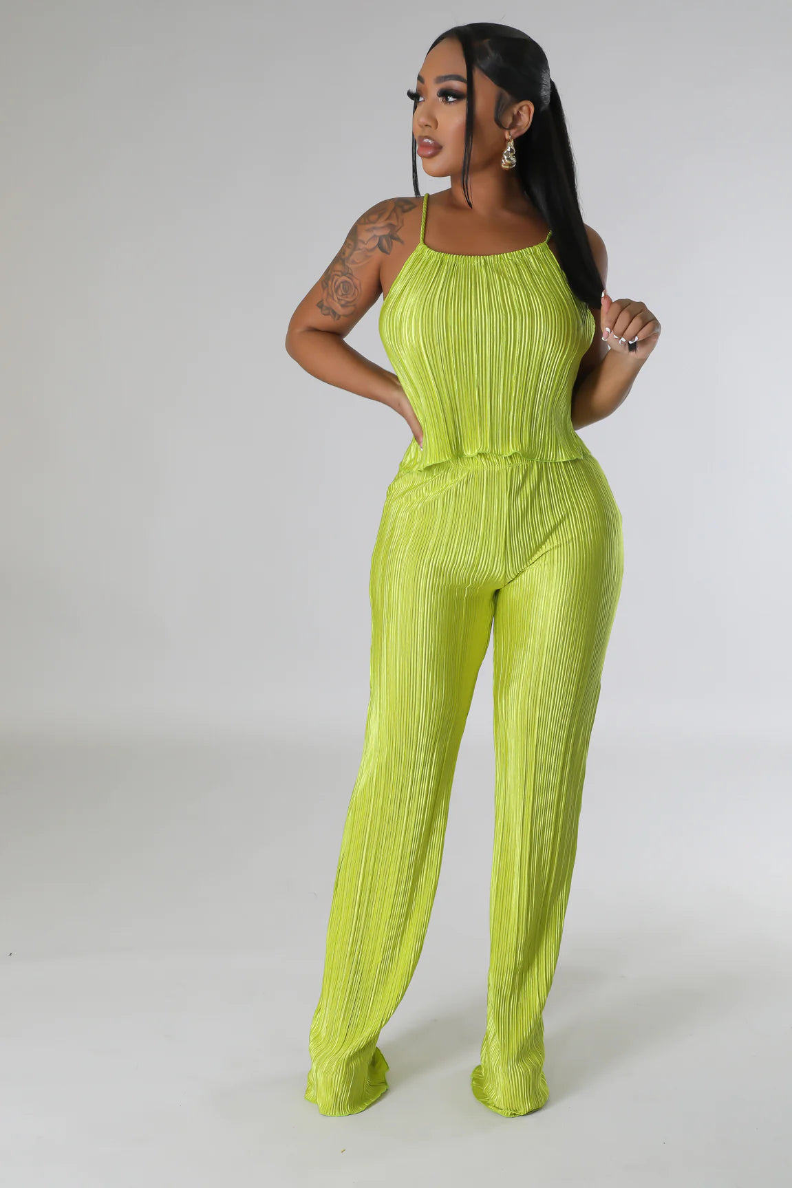 Salma Plisse Pant Set Chartreuse - Ali’s Couture