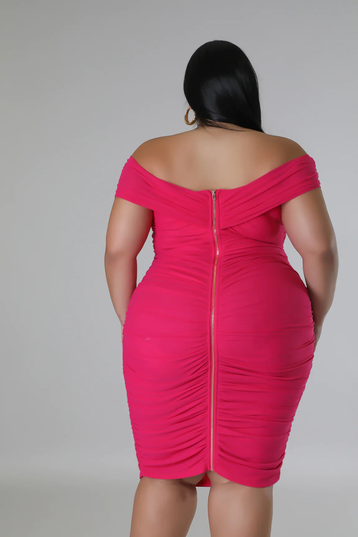 Anya Ruched Mesh Off The Shoulder Midi Dress Fuchsia (Curvy) - Ali’s Couture