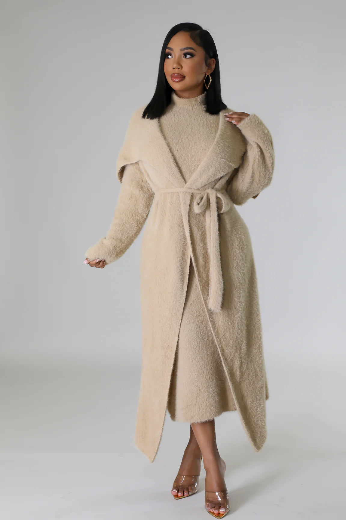 Fuzzy Moments Cardigan Midi Dress Set Taupe - Ali’s Couture