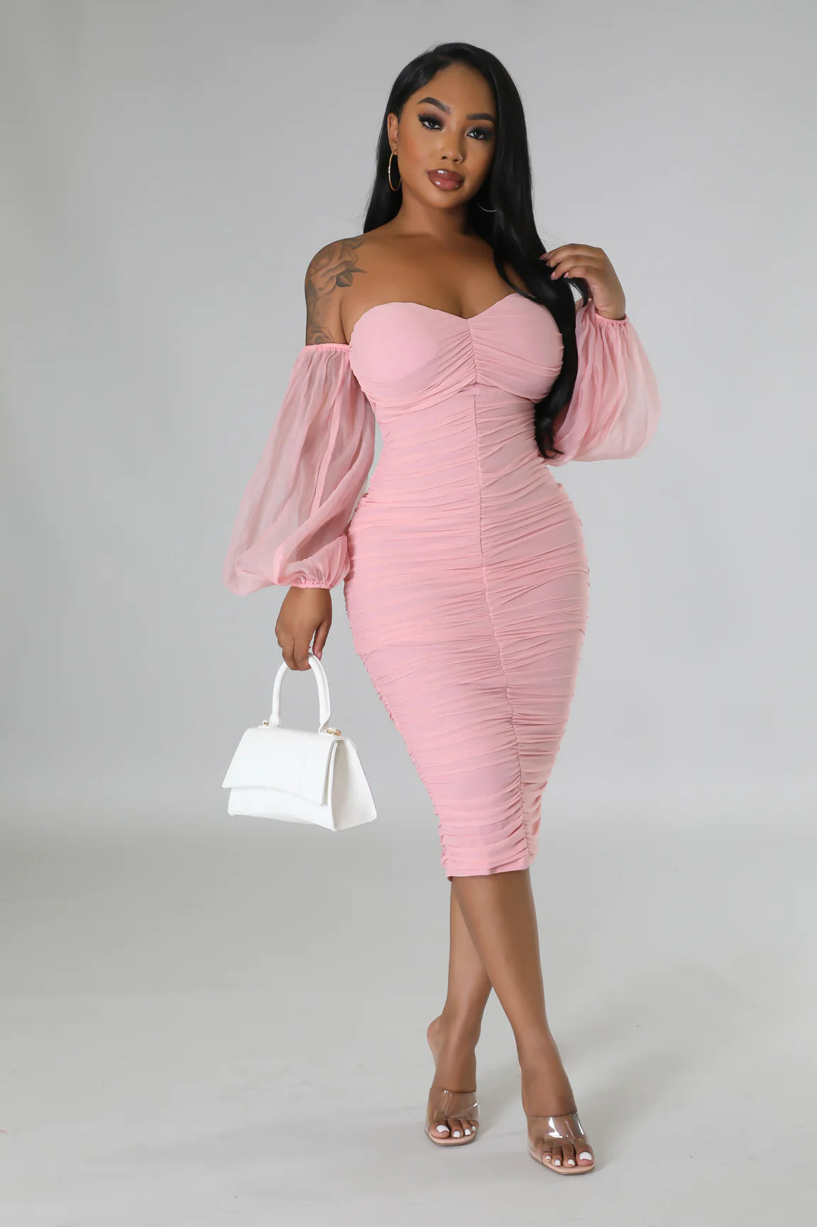 Neva Off The Shoulder Mesh Midi Dress Blush - Ali’s Couture