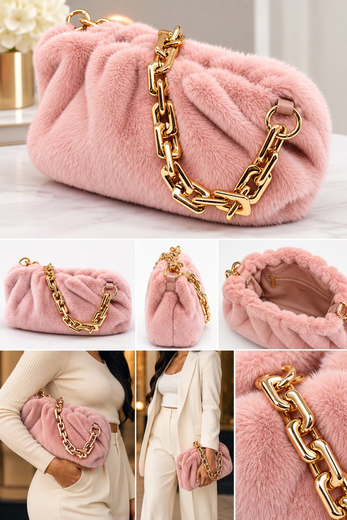 Fara Designer-Inspired Faux Fur Gold Chain Handbag – Blush Pink - Ali’s Couture