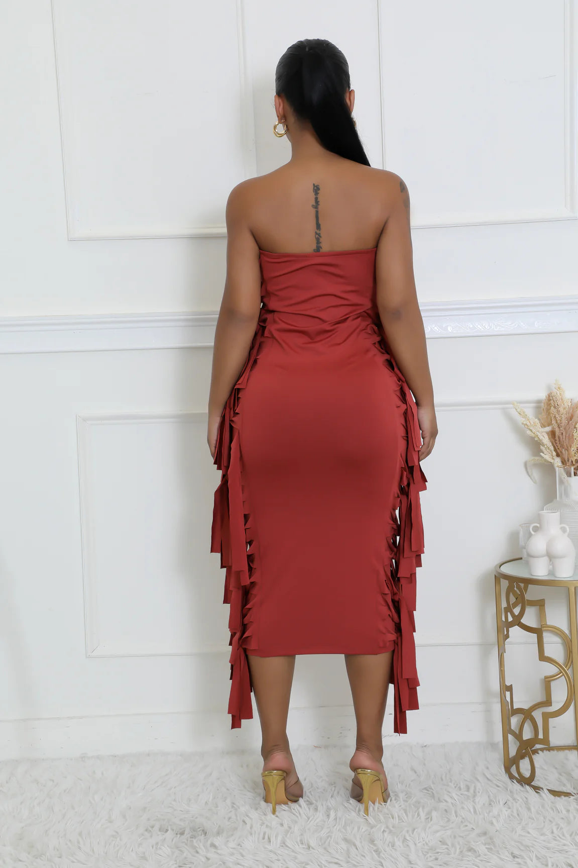 Kena Fringe Tube Midi Dress Brick - Ali’s Couture