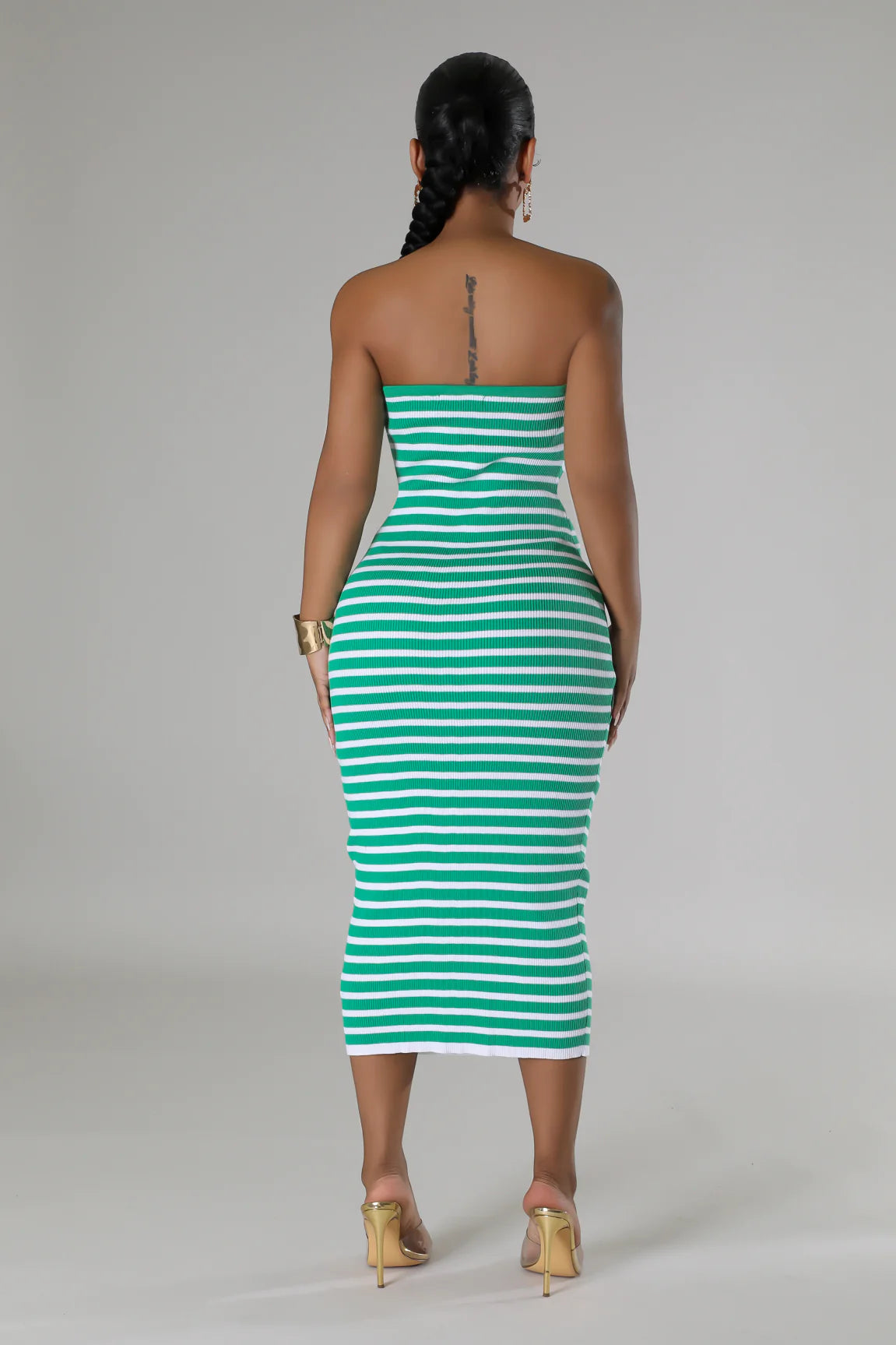 Sandie Strapless Striped Midi Dress Green - Ali’s Couture