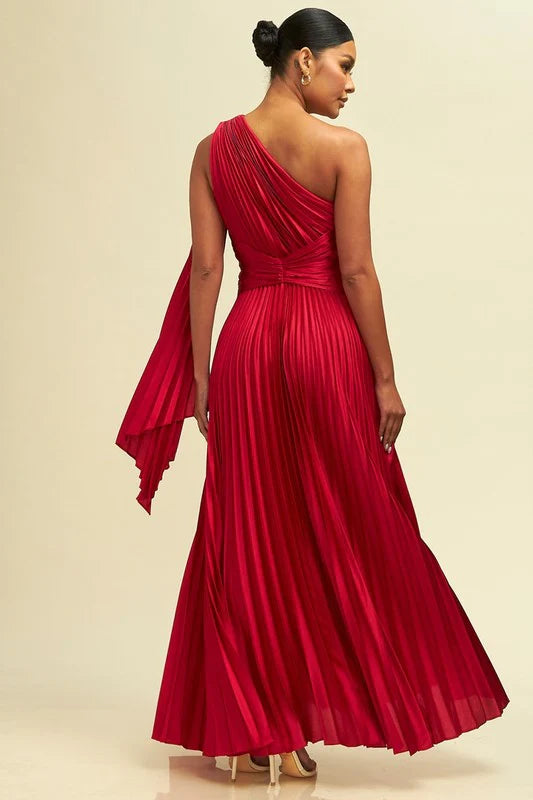 Jezebel Satin Pleated Maxi Dress Red - Ali’s Couture