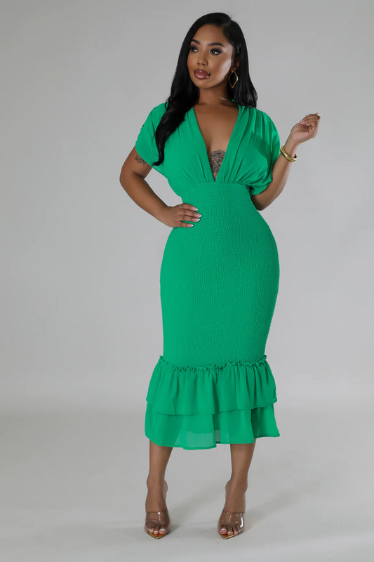 Jazlynn Smocked Midi Dress Green - Ali’s Couture