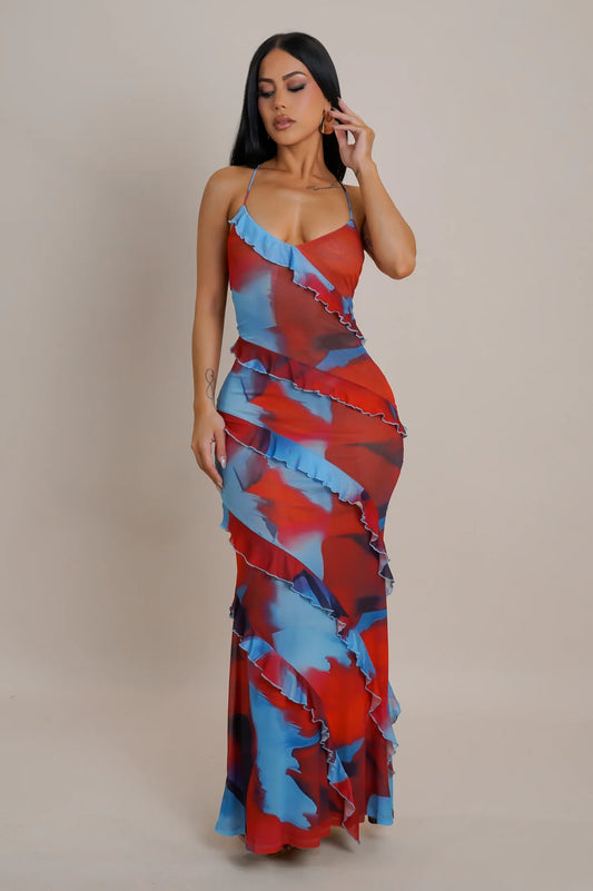 Jazelle Ruffle Maxi Dress Blue - Ali’s Couture
