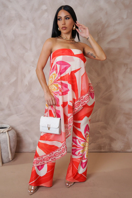 Aulani Strapless Printed Jumpsuit Red - Ali’s Couture