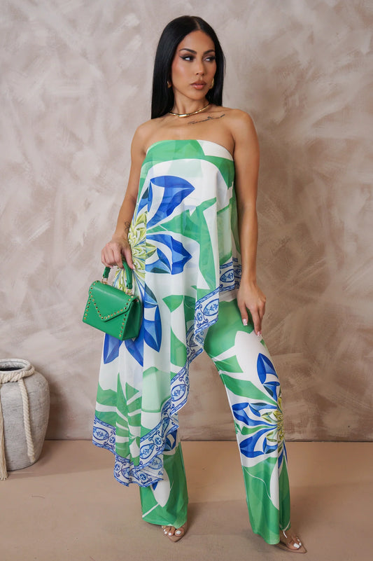 Aulani Strapless Printed Jumpsuit Green - Ali’s Couture