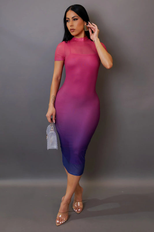 Camber Ombre Mesh Midi Dress Fuchsia - Ali’s Couture
