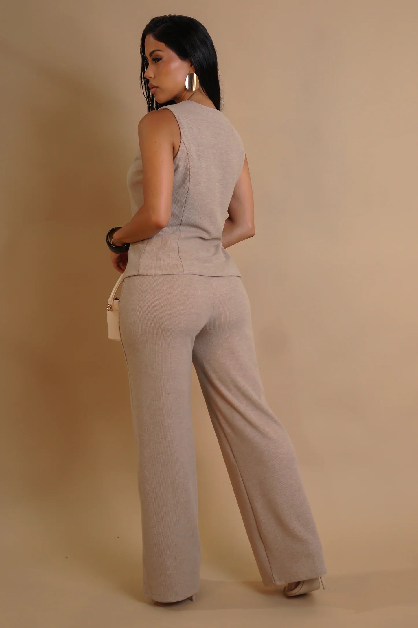 Ninah Ribbed Pant Set Taupe - Ali’s Couture