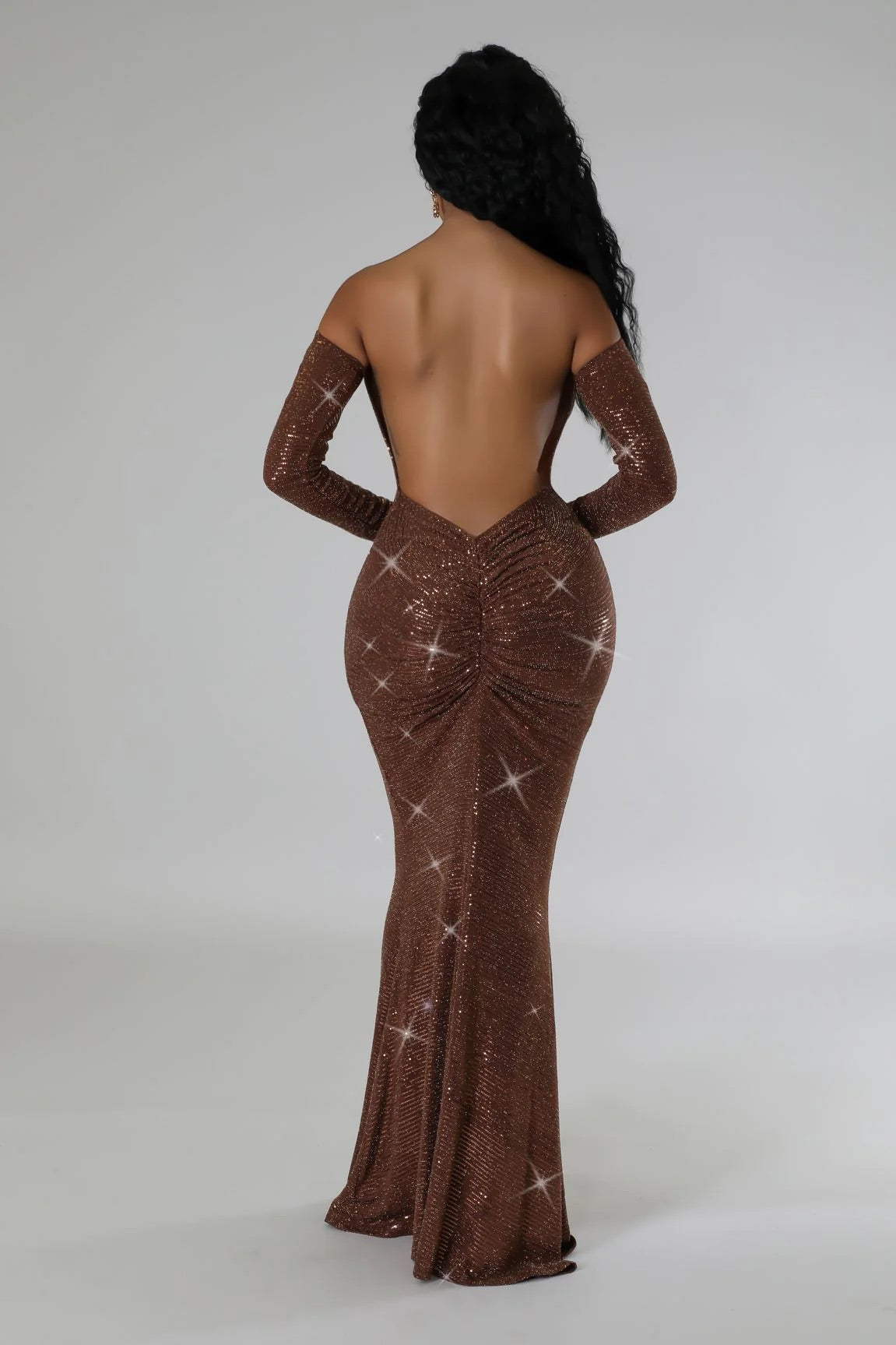 Zarah Off The Shoulder Sequin Maxi Dress Brown - Ali’s Couture