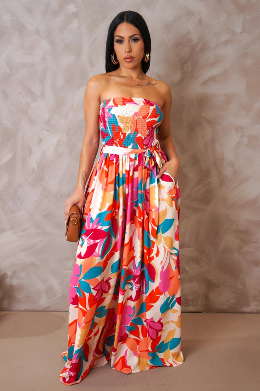 Belize Strapless Printed Jumpsuit Pink - Ali’s Couture