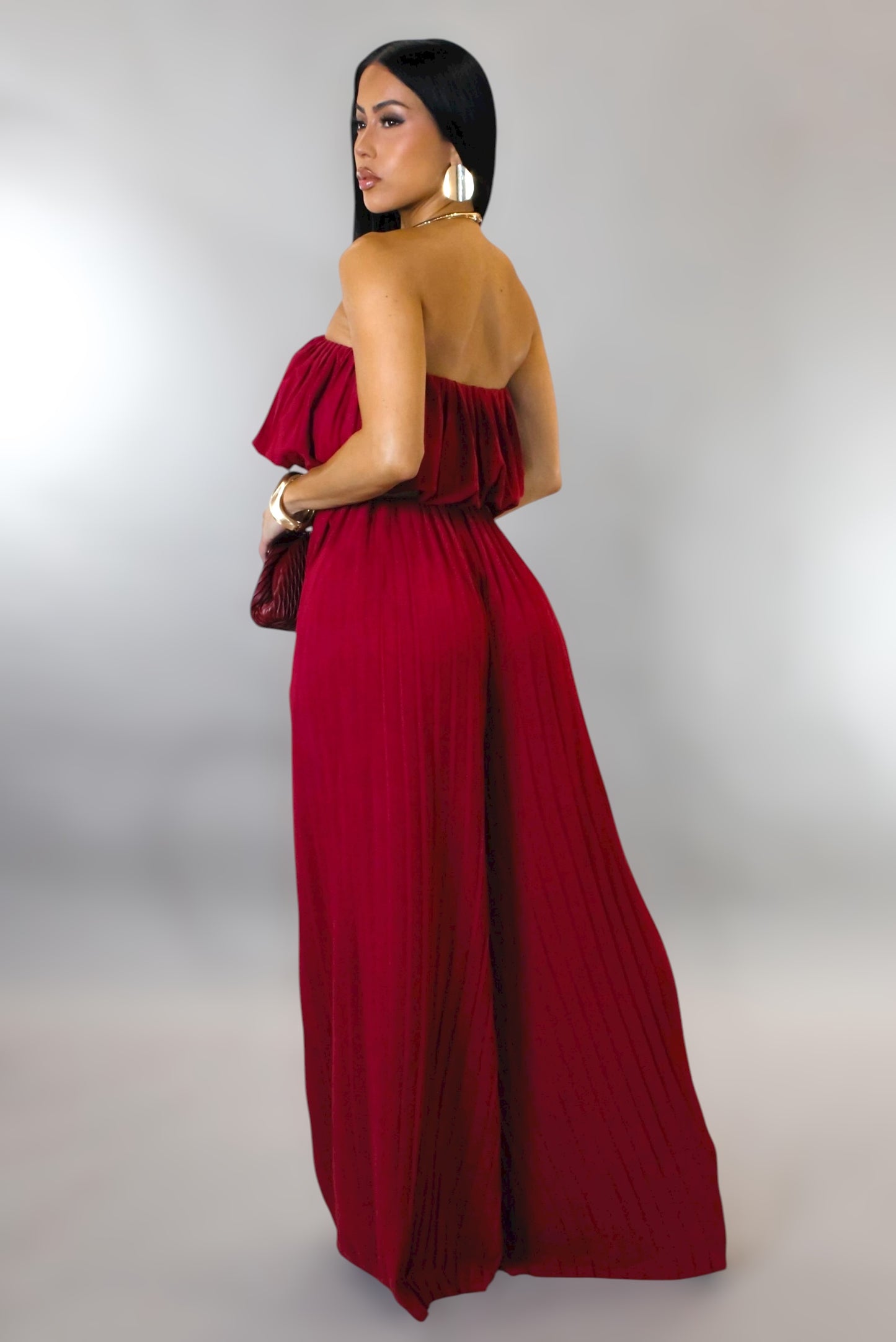 Paulina Strapless Pleaded Set Burgundy