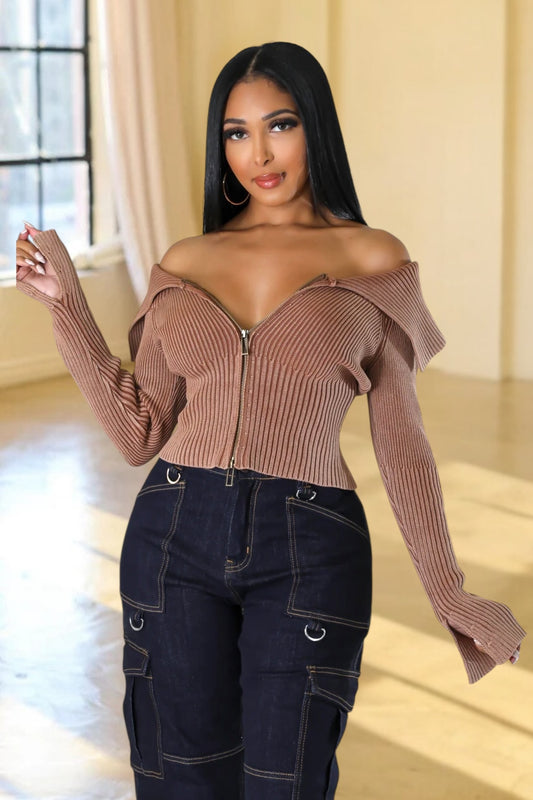 Malena Double Zipper Knit Sweater Brown