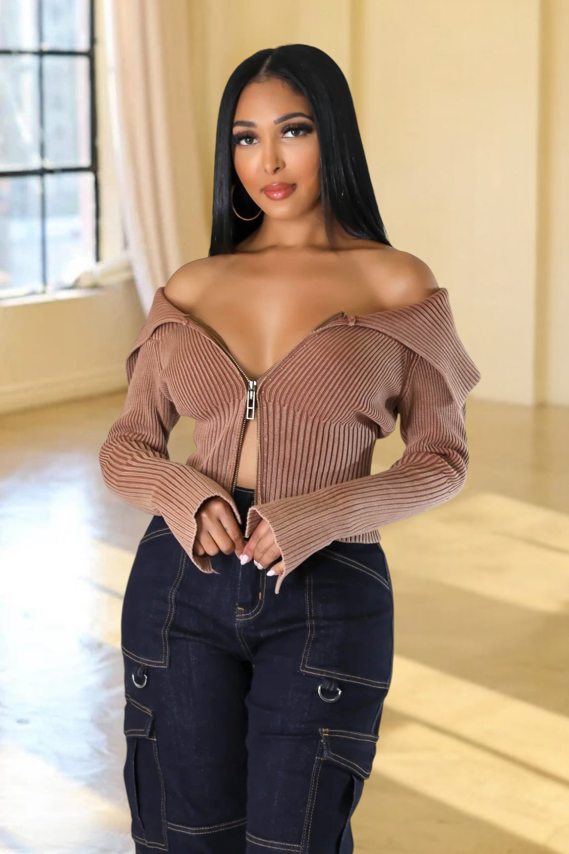 Malena Double Zipper Knit Sweater Brown