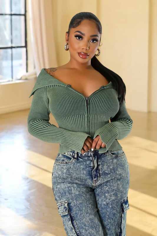 Malena Double Zipper Knit Sweater Olive