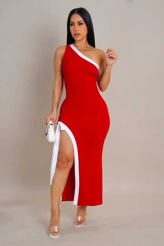 Sofia One Shoulder Midi Dress Red - Ali’s Couture