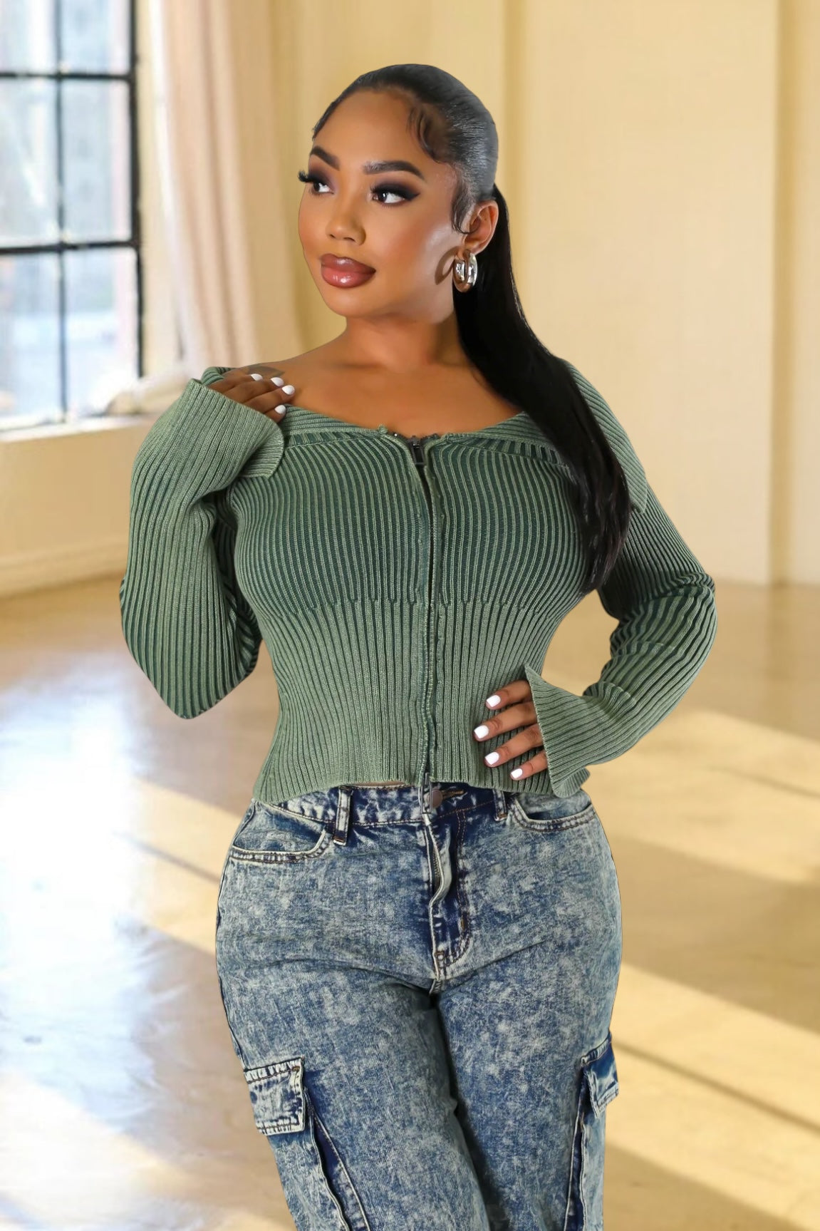 Malena Double Zipper Knit Sweater Olive