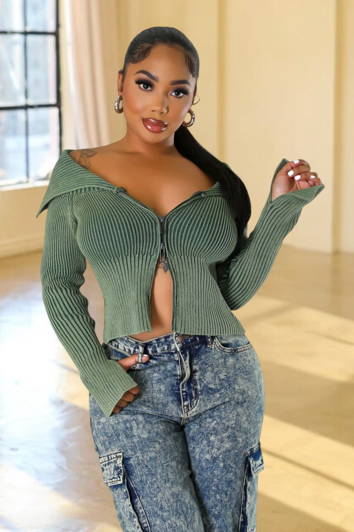 Malena Double Zipper Knit Sweater Olive
