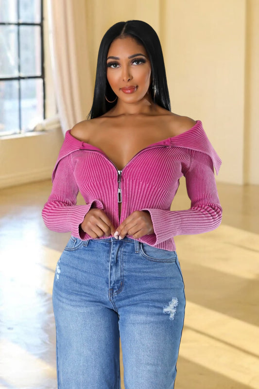 Malena Double Zipper Knit Sweater Fuchsia